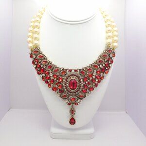 Heidi Daus Bib Necklace Red Swarovski Crystals Faux Pearls Signed PERFECT 32303